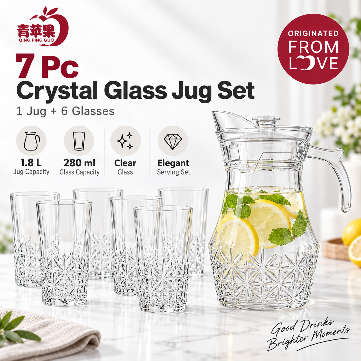 7-Piece Crystal Glass Jug & Tumbler Set – 1 Jug + 6 Glasses