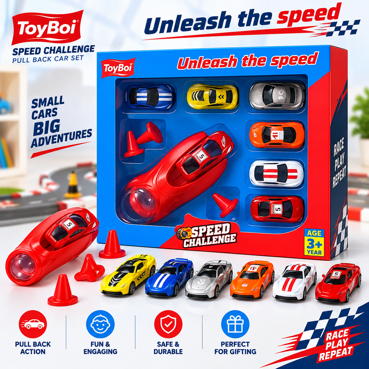 Speed Challenge Toy Car Launcher Set – 6 Mini Racing Cars with Launcher & Cones