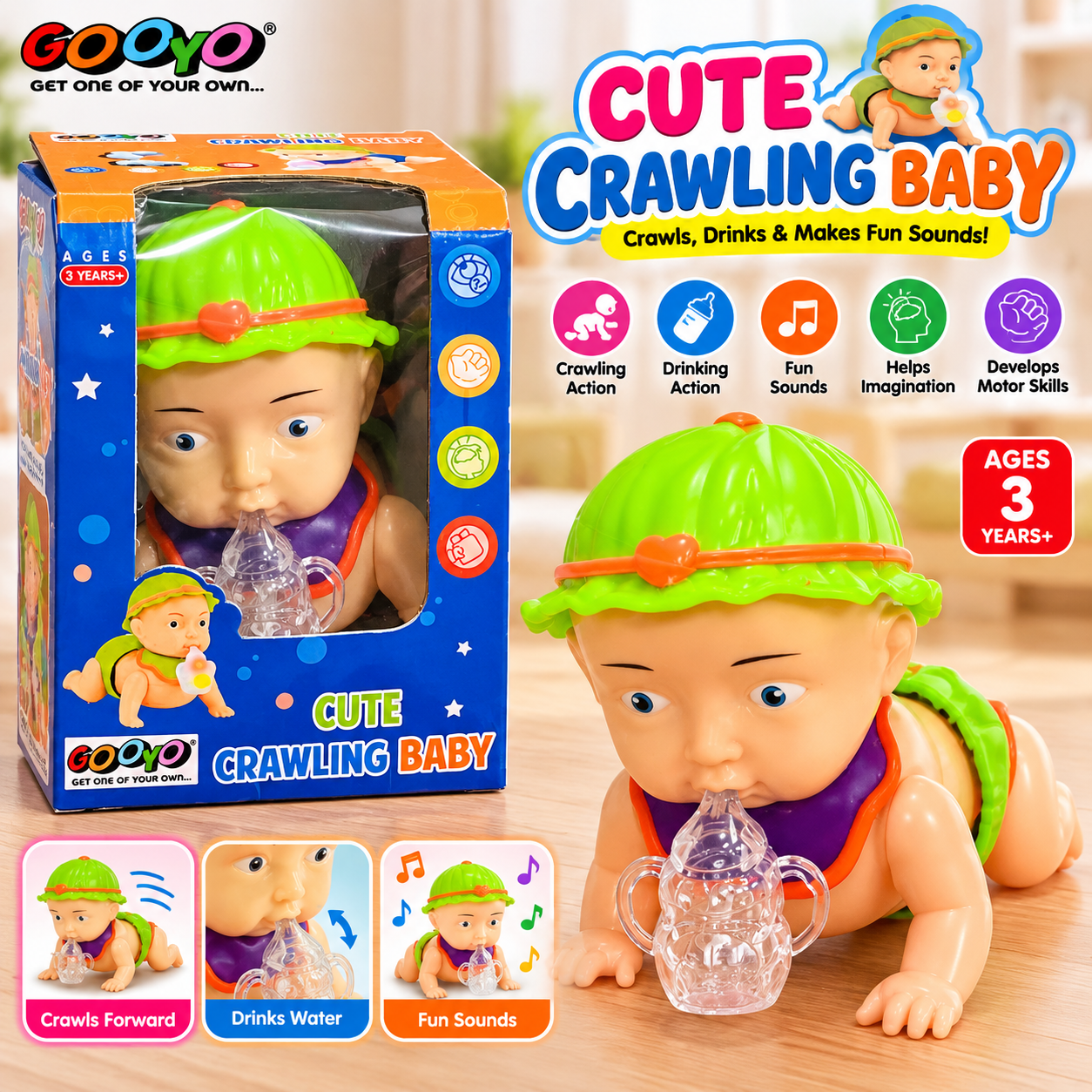 GOOYO Cute Crawling Baby Toy with Bottle & Sound